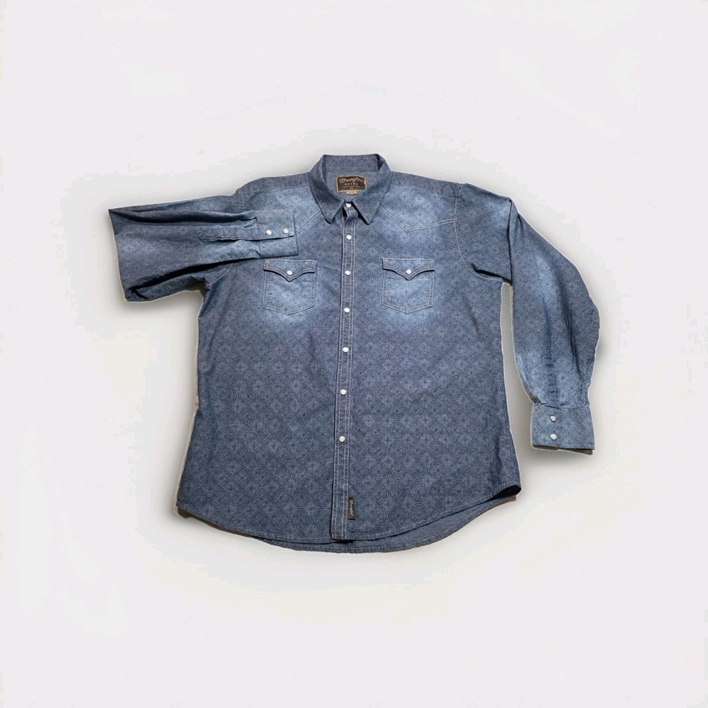 Wrangler Shirt Mens‎ size 2XL Blue Denim Color With Pattern Western Pearl Snap